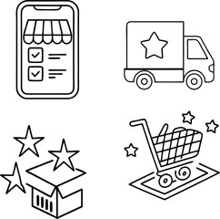 "Online Shopping and E-commerce Line Icons with Delivery Truck, Cart, and Smartphone"