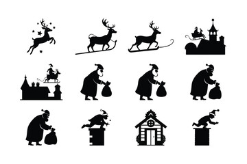 Festive Silhouette Illustrations Santa Claus Reindeer Houses and Chimneys Depicting Christmas Eve Traditions and Winter Holiday Atmosphere