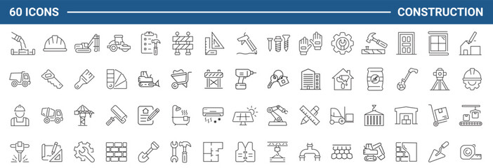 Construction set of web icons in line style. Building and construction icons for web and mobile app. Home repair, crane, building, tools, land, excavator, contractor, builders. Vector illustration