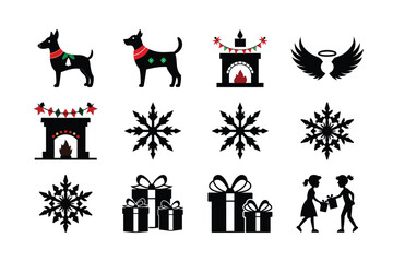Festive Christmas Icons and Silhouettes Featuring Dogs Fireplaces Snowflakes Gifts and Gift Exchange Between Two People