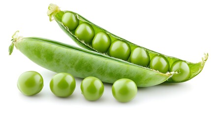 Fresh green peas in open pod isolated on white background