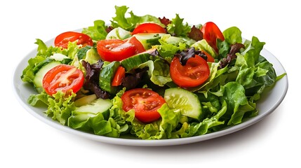 Fresh garden salad on ceramic plate isolated on clean white background