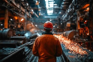 Worker in orange safety gear watches welding sparks fly in a dimly lit industrial facility