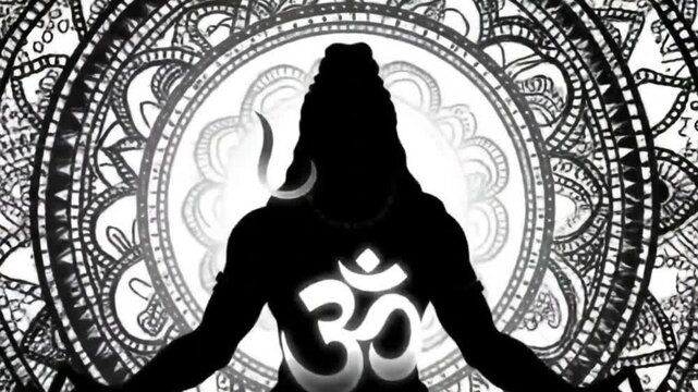 Lord Shivas serene silhouette in a black and white mandala, suitable for yoga and meditationthemed designs, prints, and products.