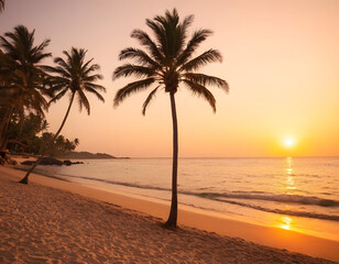 Obraz premium sunset on the beach, Sunny exotic beach by the ocean with palm trees at sunset summer vacation by the sea photography