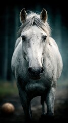 Obraz premium Majestic white horse standing confidently in a misty forest during early morning light in a serene environment