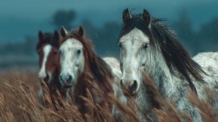 Obraz premium Herd of graceful horses wandering through tall grass under a cloudy sky during early evening