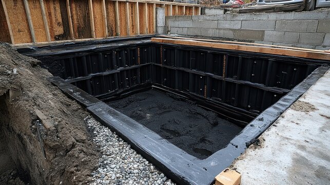 Basement waterproofing installation in progress at construction site