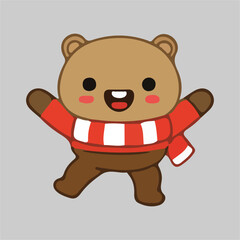Obraz premium Adorable Brown Bear Cub in Red and White Scarf, Happy Winter Illustration
