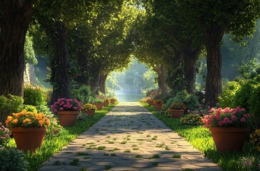 Photo of an alley in the park with trees and flower pots on each side