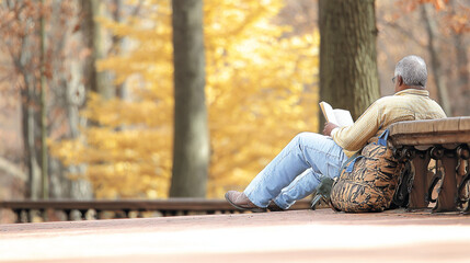 Fototapeta premium Heartwarming autumn scenes with elderly people enjoying seasonal activities such as walking through parks, reading, knitting, and spending peaceful time outdoors