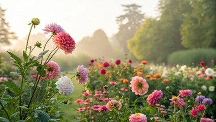 A vibrant garden filled with blooming colorful dahlias in soft morning light, surrounded by lush greenery and distant trees. © Rose on Lens