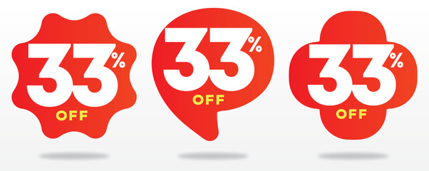 33% off, offer, promo, price, retail, label, tag, sticker, value, sales, special, shop, marketing, product, advertising,, red, balloon, store. Vector, icon, set