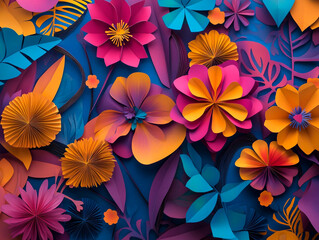 A vibrant, layered paper-cut illustration of tropical flowers and leaves in neon shades of pink, orange, yellow, and various blues.