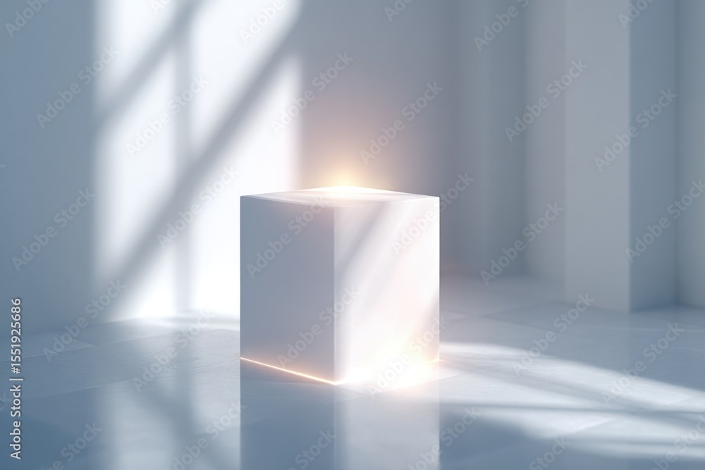 Poster minimalist studio white box scene with soft shadows and 3d grid floor