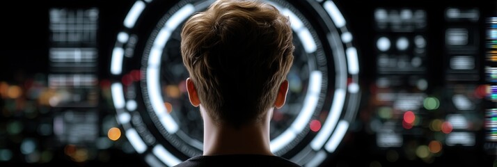 Person viewing complex interface: illuminated display with abstract data visualization