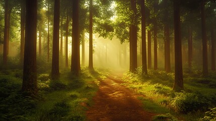 Fototapeta premium Serene forest path illuminated by soft sunlight through tall trees.