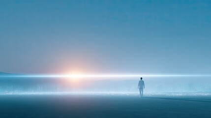 Android Walking Towards Glowing City at Sunset