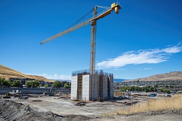Photo of a yellow crane lifting a concrete building at a construction site, with a blue sky and daylight