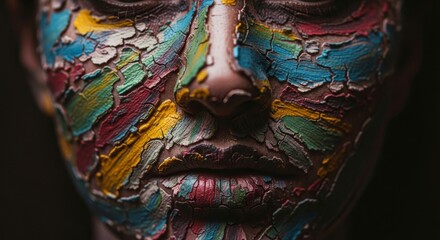 Abstract face with colorful cracked paint close up view