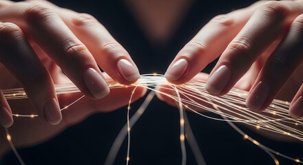 Hands holding delicate string lights in a dark setting