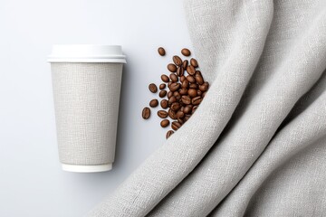 Coffee To Go: Cup with beans and linen cloth for cozy morning vibe