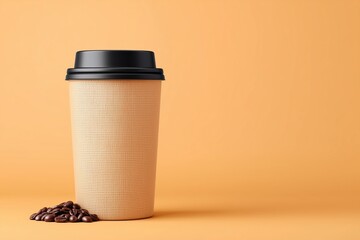 Disposable coffee cup with black lid brown beans on light brown background