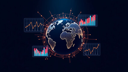 Global Business and Finance Data Visualization Concept Depicting Worldwide Connectivity and Financial Analysis on an Immersive Digital Interface
