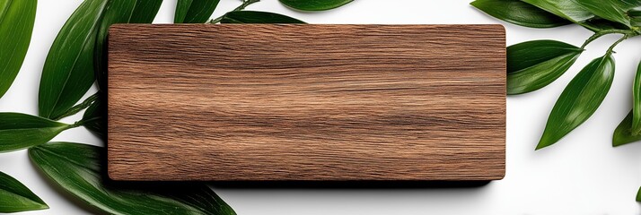 Wooden board surrounded by green leaves on white background for natural presentations