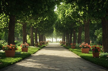 Photo of an alley in the park with trees and flower pots on each side,