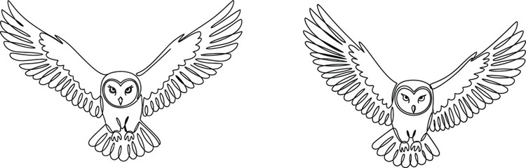Obraz premium Two Line Art Owls in Flight, Illustration, Bird Outline Drawing