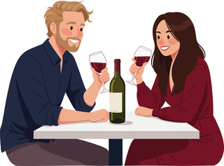 Illustration of a young caucasian couple enjoying red wine on a table, isolated on white background
