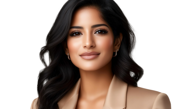 Elegant portrait of a confident woman with long hair wearing a stylish outfit and natural makeup against a neutral background for professional use