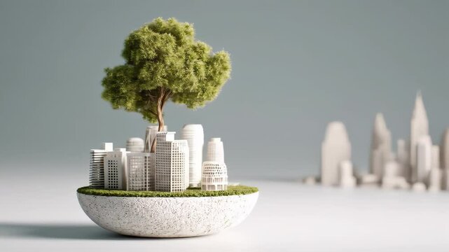 
A seamless looping video with a blurred background shows a miniature diorama representing a sustainable urban environment on a half-sphere base. 