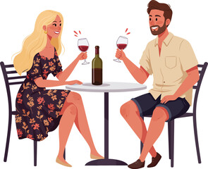 Full body illustration of a young caucasian couple sitting around a table enjoying red wine, isolated on white background
