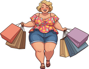 Illustration of a happy blonde fat girl with colourful shopping bags, isolated on white background