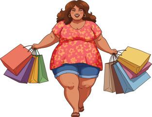Illustration of a happy fat young girl with colourful shopping bags, isolated on white background