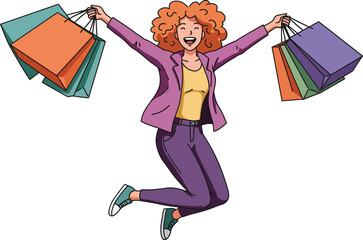 Illustration of a young caucasian girl with curly red hair jumping with joy, shopping bags on her hands, isolated on white background