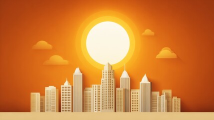 Obraz premium Extreme Heat Warning Concept. Stunning Graphic of City Skyline Under Blazing Sun with Vibrant Colors and Unique Design