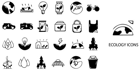 Ecology simple concept 24 hand drawn icons set .Vector illustration.	