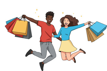 Minimalist illustration of a multi ethnic couple jumping with joy, shopping bags on their hands, isolated on white background