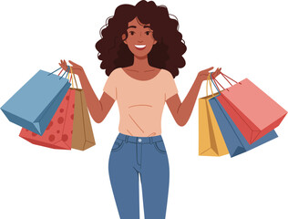 Minimalist illustration of a slim afro lady smiling with shopping bags on her hands, isolated on white background
