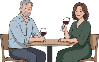 Middle aged couple enjoying red wine, sitting, isolated on white background