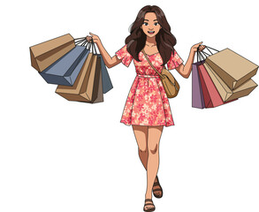 Illustration of a single caucasian brunette girl with a floral patterned dress, enjoying shopping with shopping bags, full body, isolated on white background