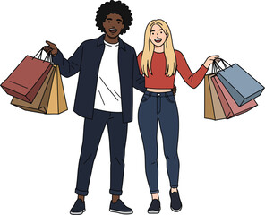Minimalist illustration of a multi ethnic young couple enjoying shopping with shopping bags, full body, isolated on white background