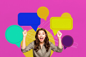 3D photo collage template trend artwork composite of young lady excited mood smile fists up...