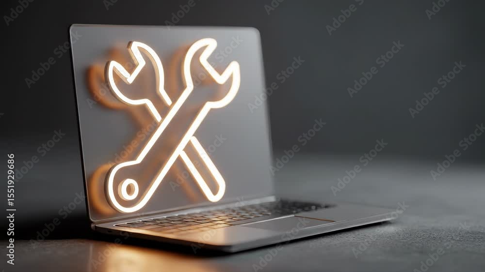 Poster a seamless looping video with a blurred background shows a modern laptop with a prominent, glowing i