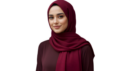 Arab woman wearing a red scarf isloated on white background.