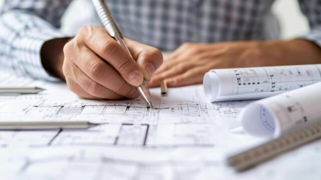 A person's hand meticulously working on architectural plans with a pen, symbolizing construction and design