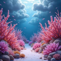 Obraz premium Underwater scene with vibrant pink coral reefs, colorful marine life, and sunlight filtering through the water, creating a glowing aquatic ambiance. Generative, AI,